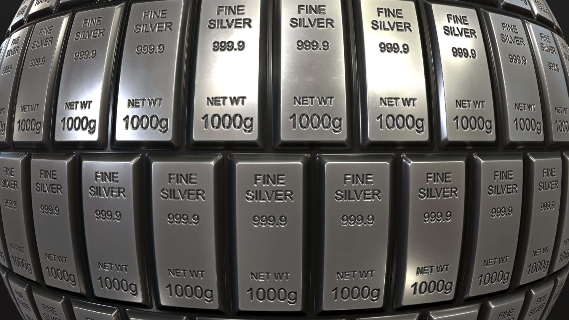Silver 桌布 壁紙 — 一排排閃閃發光的純銀條，標示純度999.9及重量1000g，排列成彎曲重複的圖案。