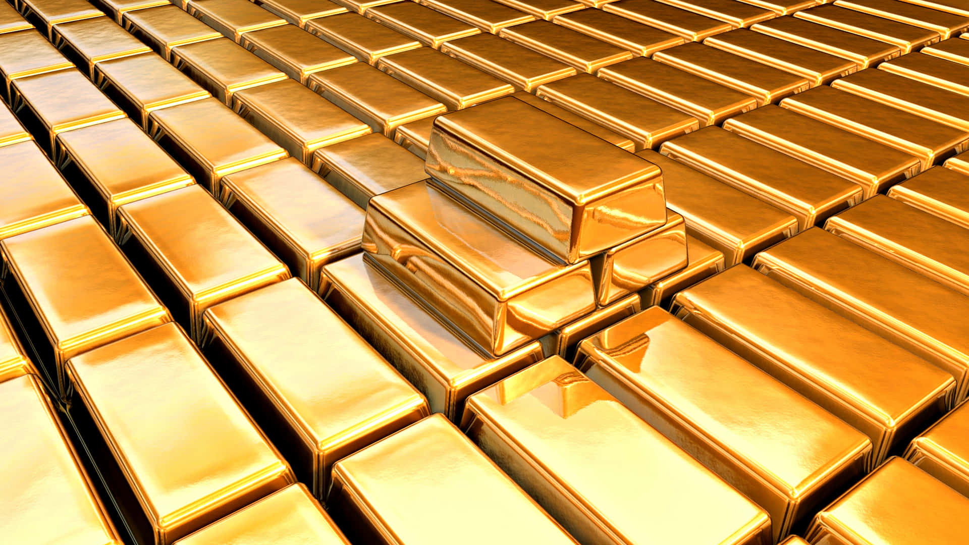Metallic Gold 桌布 壁紙 — 一排排閃閃發光的金條整齊堆疊，中間有一堆稍微升高。
