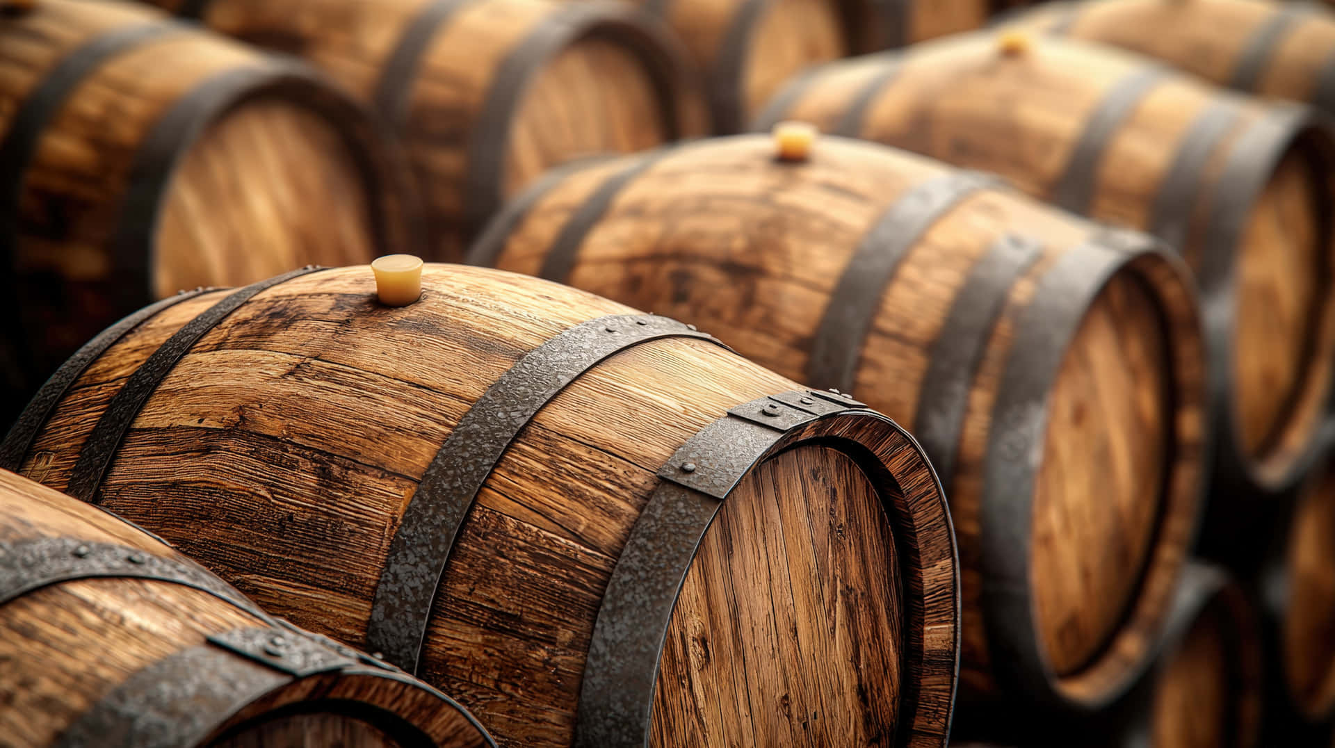 Close-up of traditional wooden barrels with metal bands, used for aging whiskey, wine, rum, or beer 壁紙 — 一排排風化的木製酒桶，帶有金屬箍和軟木塞，處於柔焦狀態。