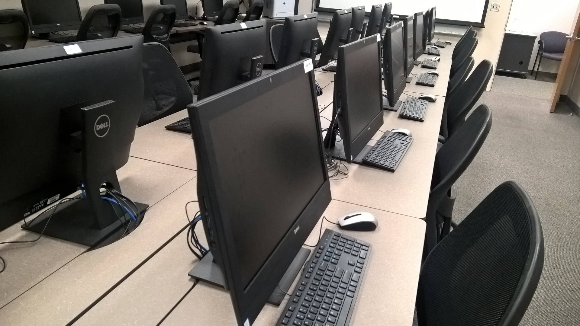 Work 桌布 壁紙 — 一排排黑色 Dell 電腦顯示器、鍵盤和滑鼠放在米色桌子上，一個寧靜的電腦實驗室裡有黑色椅子。