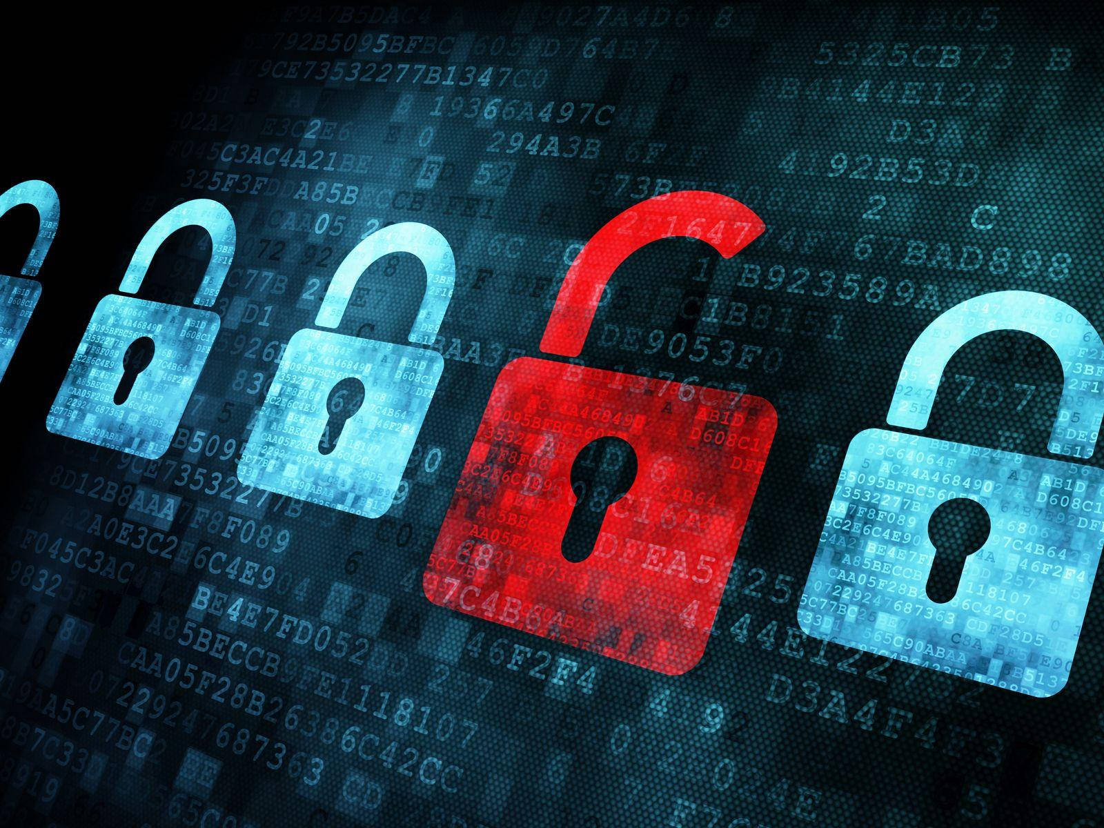 Cyber 桌布 壁紙 — 一排數位掛鎖，其中一個紅色破損鎖，背景為充滿浮動十六進位代碼的深色背景。