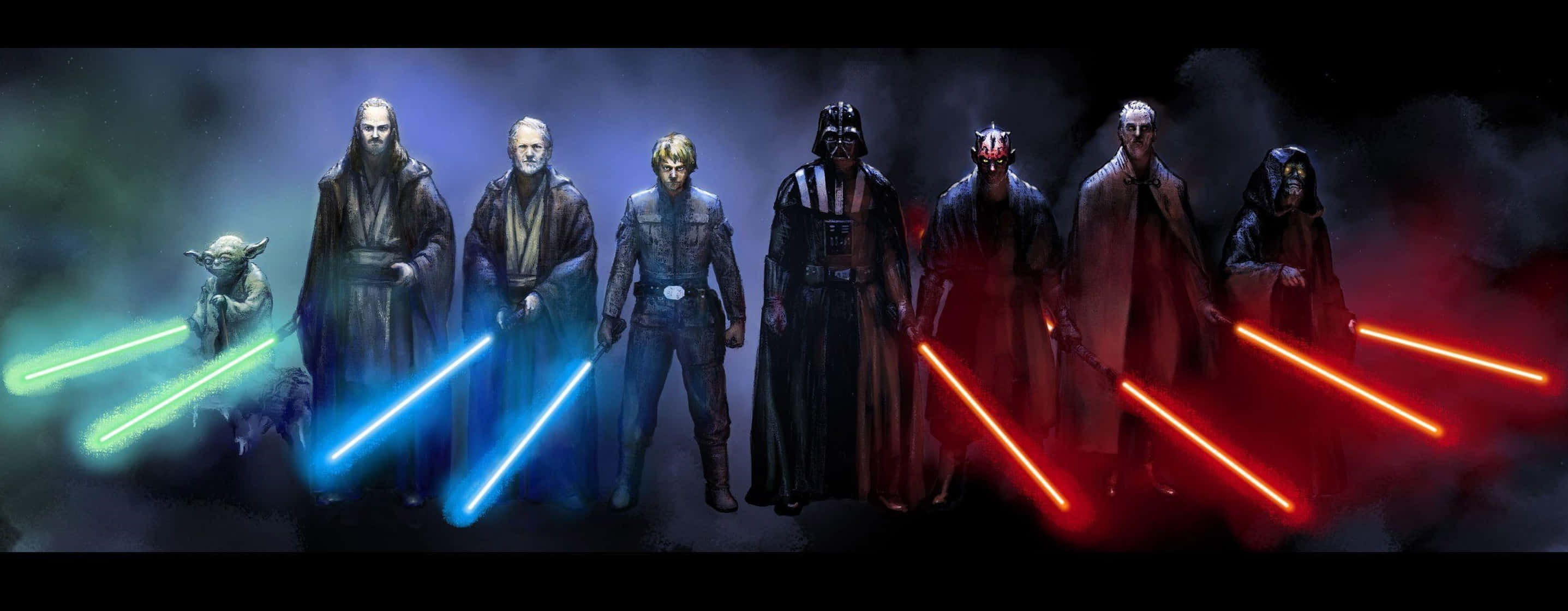 Star Wars Characters 桌布 壁紙 — 一排星際大戰的絕地武士和西斯戰士，手持發光的藍色和紅色光劍，背景是黑暗煙霧繚繞。