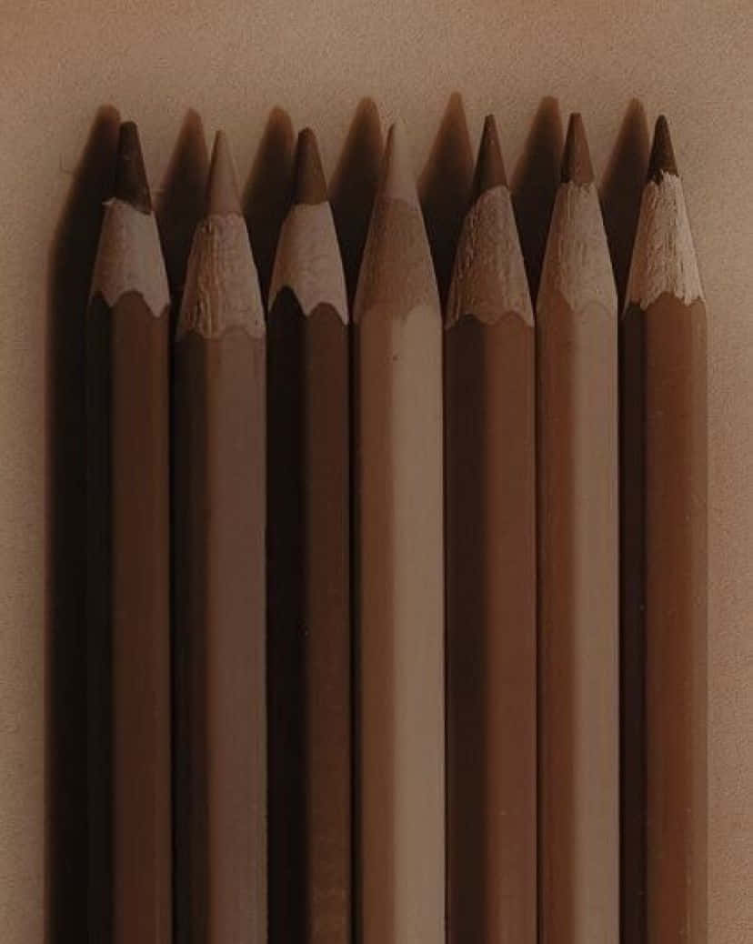 美學棕色 桌布 壁紙 — 一排棕色和米色的彩色鉛筆，筆尖削尖，直立於溫暖的米色牆壁前。