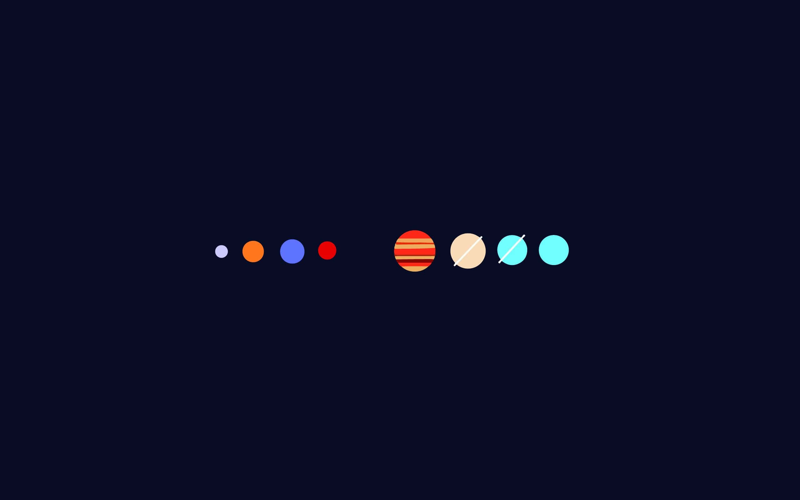 Dark Minimalist 桌布 壁紙 — 一排極簡風格的彩色行星在深藍色太空背景上漂浮。