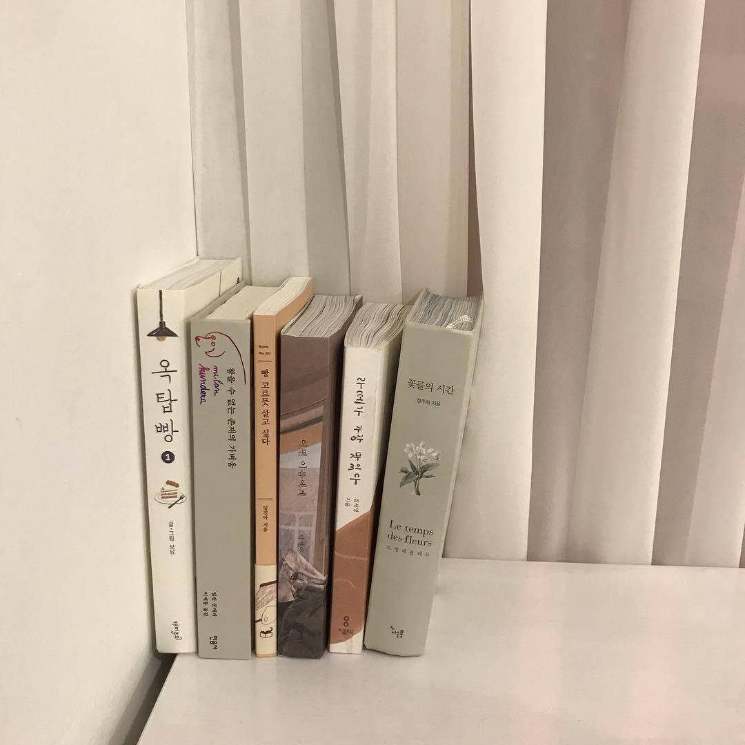 米色風格 桌布 壁紙 — 一排極簡風格的書籍，帶有韓文和法文書名，整齊地擺放在白色書架上，背景是柔和的奶油色窗簾。