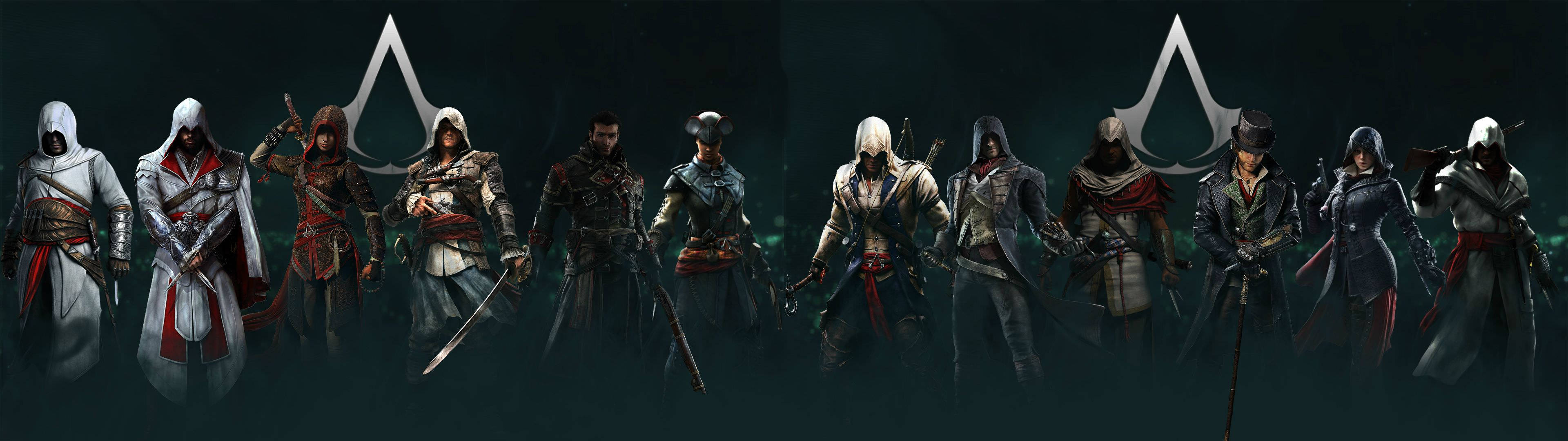 Gaming Dual Screen 桌布 壁紙 — 一排標誌性的刺客角色身穿連帽長袍和戰鬥裝備，站在帶有發光白色徽章的黑暗背景前。