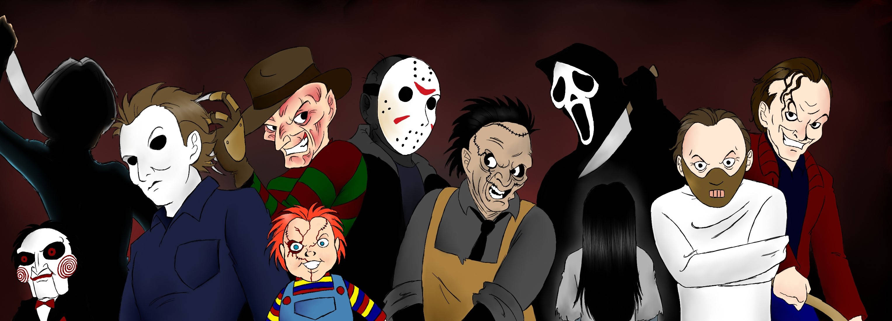 horror villains 桌布 壁紙 — 一排標誌性的恐怖電影反派，包括 Jason Voorhees、Freddy Krueger 和 Ghostface，在黑暗威脅的插圖中。