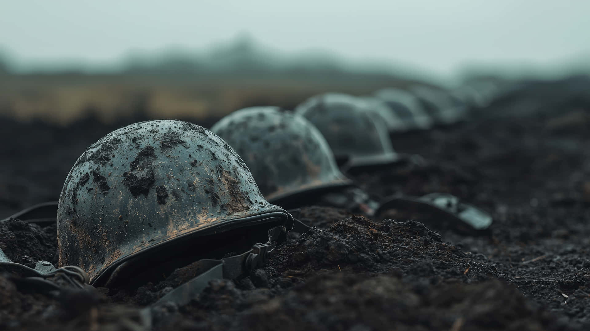 Row of Abandoned Soldier Helmets in Muddy Battlefield 壁紙 — 一排沾滿泥濘的戰鬥頭盔埋在灰色天空下的黑暗泥土中。