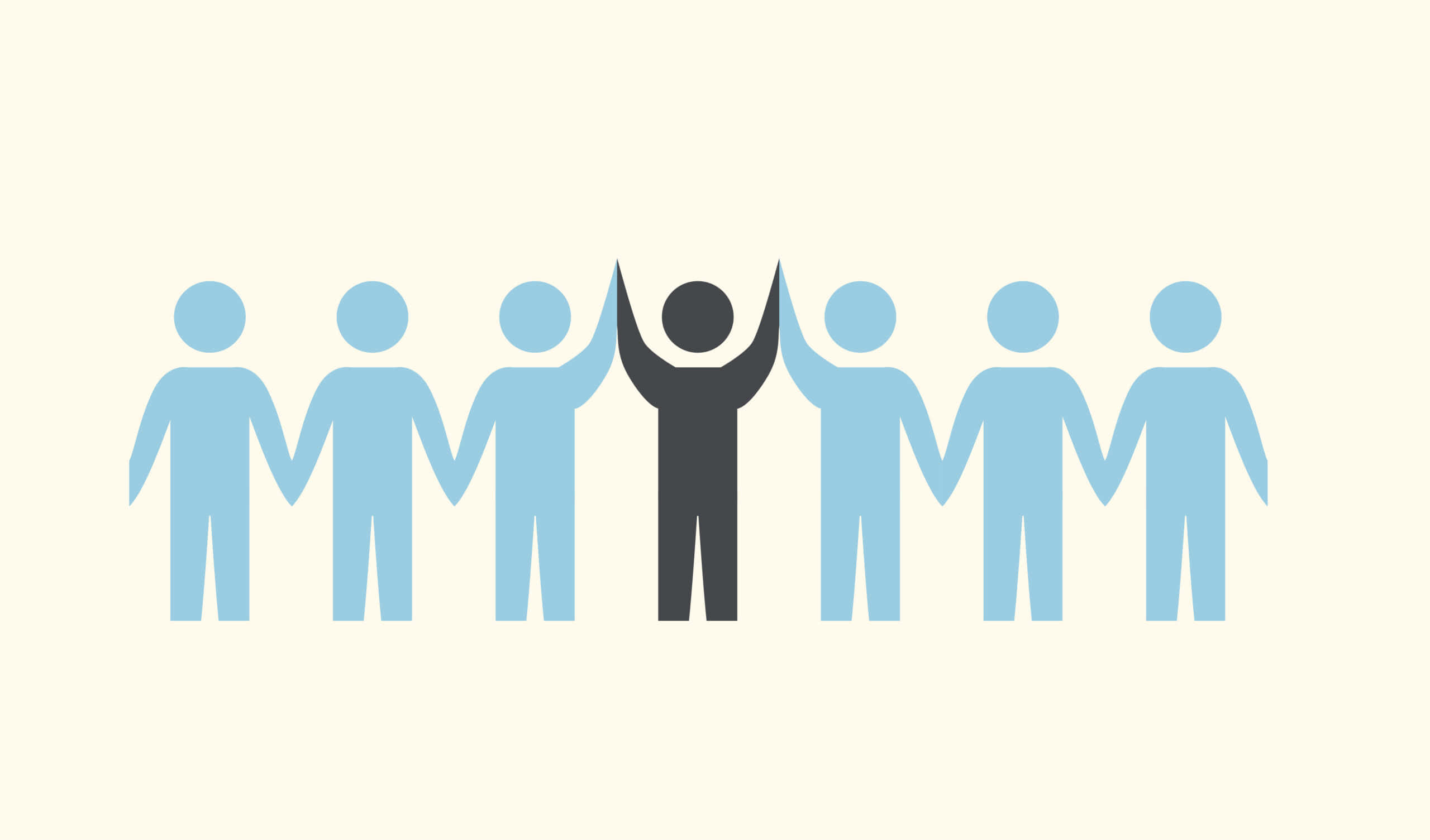 Leadership 桌布 壁紙 — 一排淺藍色火柴人手牽手，中間一個深灰色人物高舉雙臂慶祝。