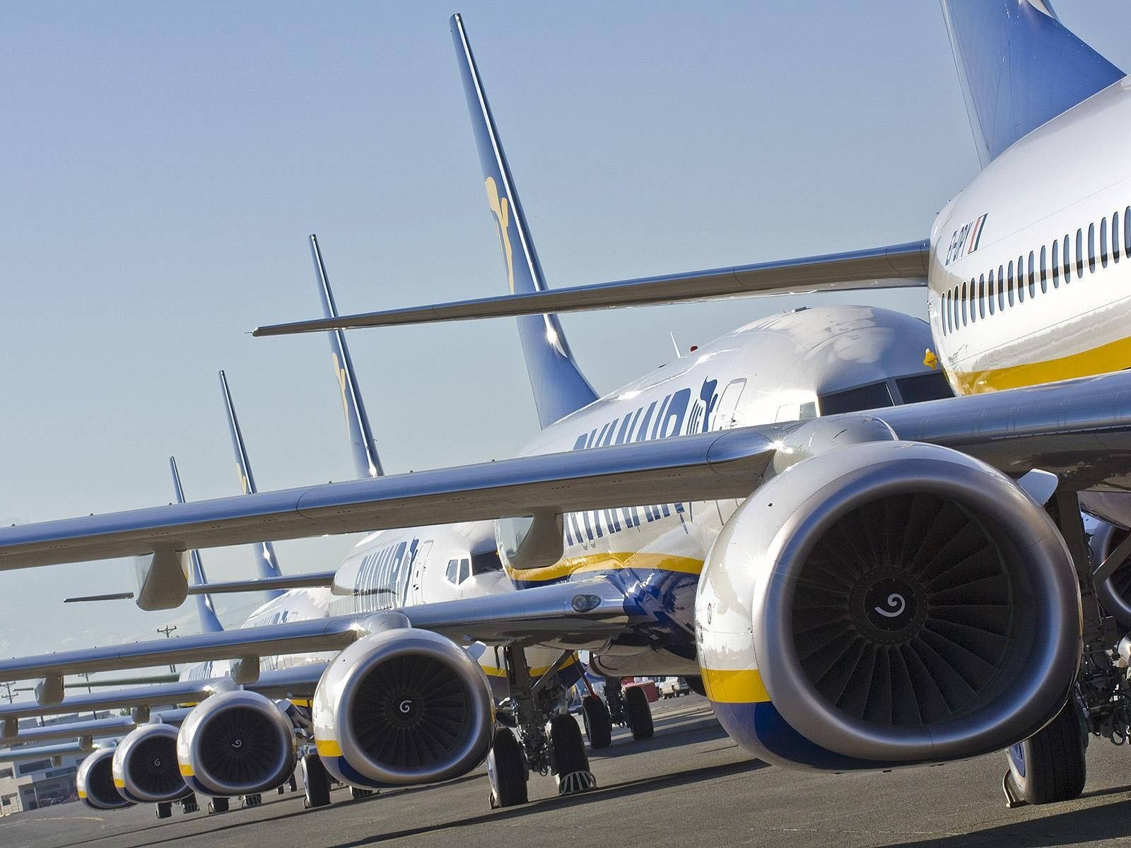 壁紙 — 一排瑞安航空飛機停泊在陽光明媚的停機坪上，天空清澈湛藍，引擎和機尾清晰可見。