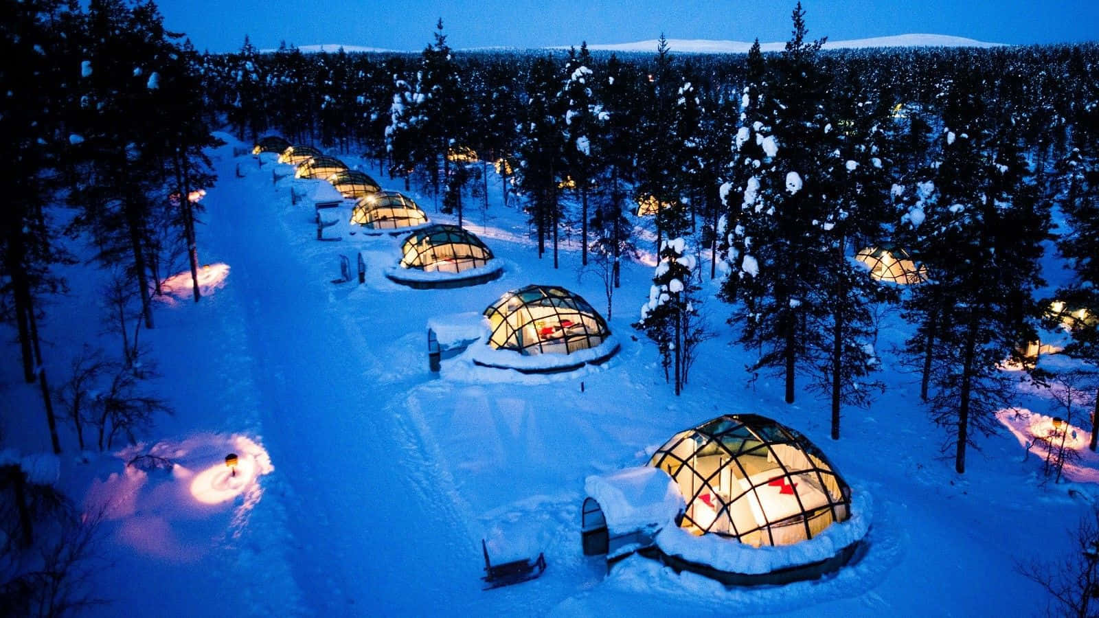Ice Hotel 桌布 壁紙 — 一排發光的玻璃冰屋坐落在白雪覆蓋的森林中，在深藍色的暮色天空下。