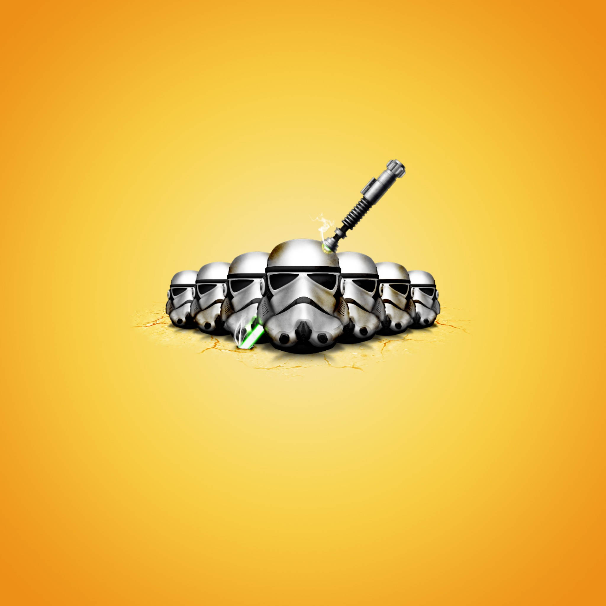 Star Wars iPad 桌布 壁紙 — 一排白兵頭盔，中間一個被綠色光劍刺穿，背景為漸變黃色。
