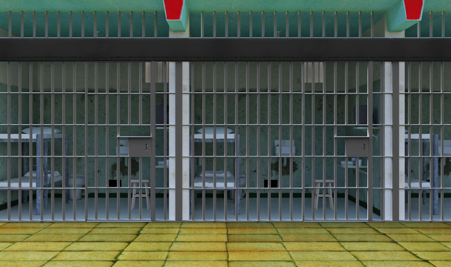 Prison Cell 桌布 壁紙 — 一排監獄牢房，金屬欄杆後有雙層床和凳子，綠色天花板配紅色裝置。