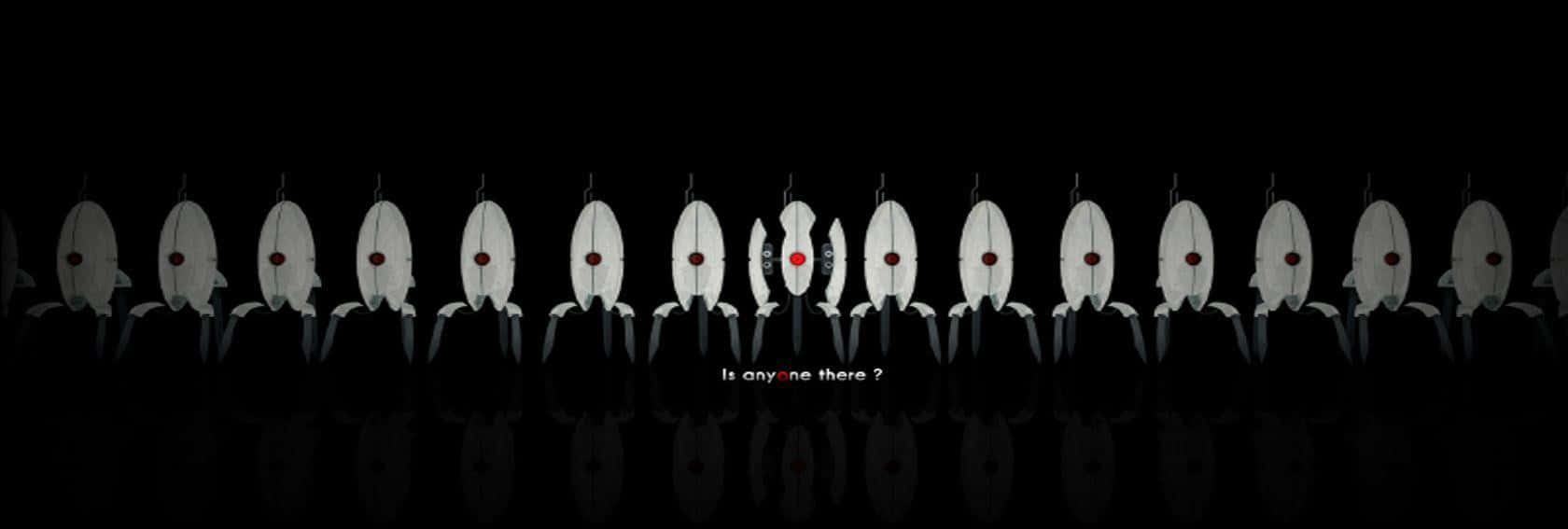 Facebook Cover 桌布 壁紙 — 一排相同的白色頭盔人物，紅眼睛，站在黑暗中，在光滑表面上反射，文字是有人嗎？