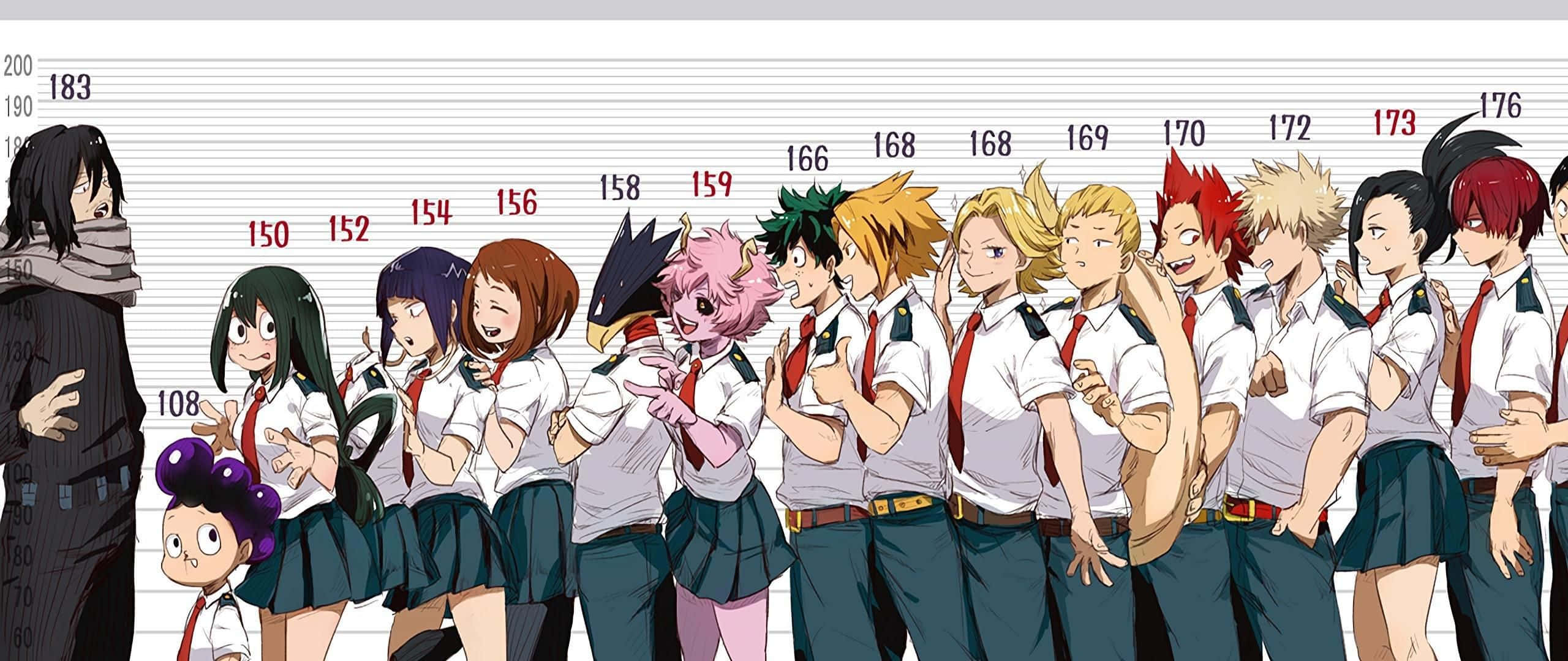 my hero academia 4K 桌布 壁紙 — 一排穿著校服的動漫角色站在帶有紅色數字的量身高圖表前。
