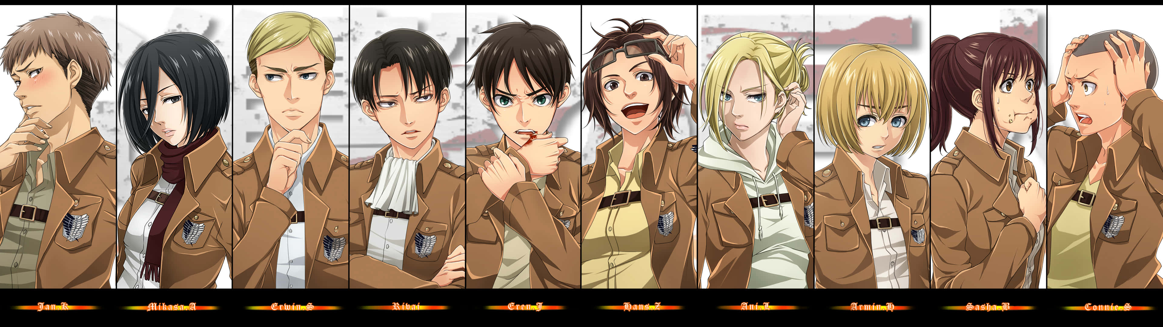 3840 X 1080 Anime HD 桌布 壁紙 — 一排穿著棕色軍裝的動漫角色，表情嚴肅或堅定。