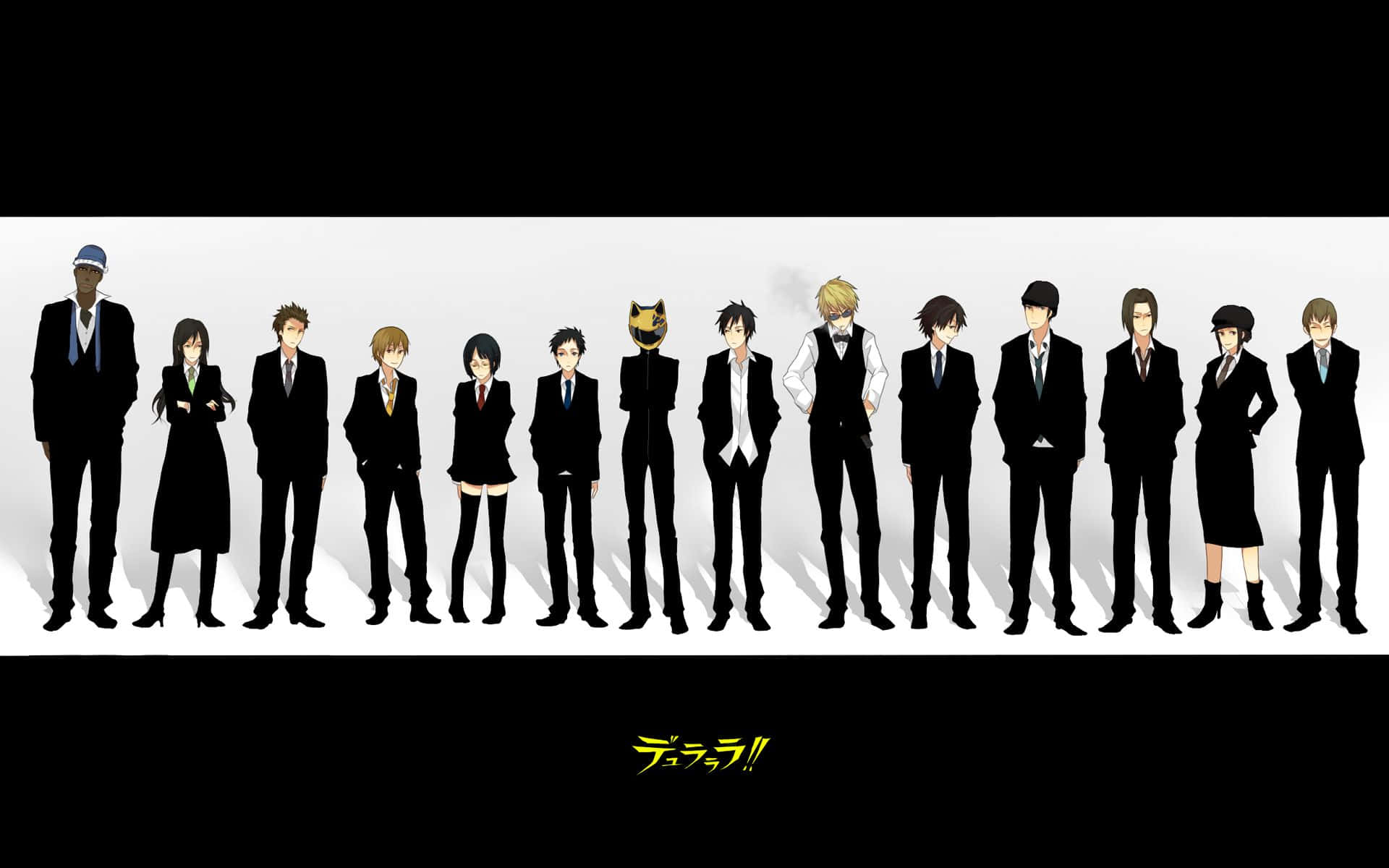 durarara 桌布 壁紙 — 一排穿著正式黑色西裝的動漫角色，站在帶有強烈陰影的純白背景前。