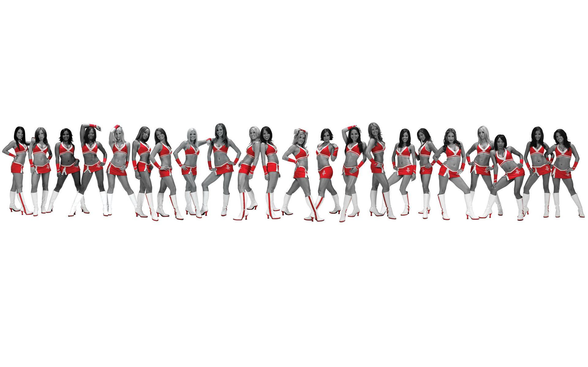 Cheerleader 桌布 壁紙 — 一排穿著紅白制服的啦啦隊員在純白背景下做出同步姿勢。