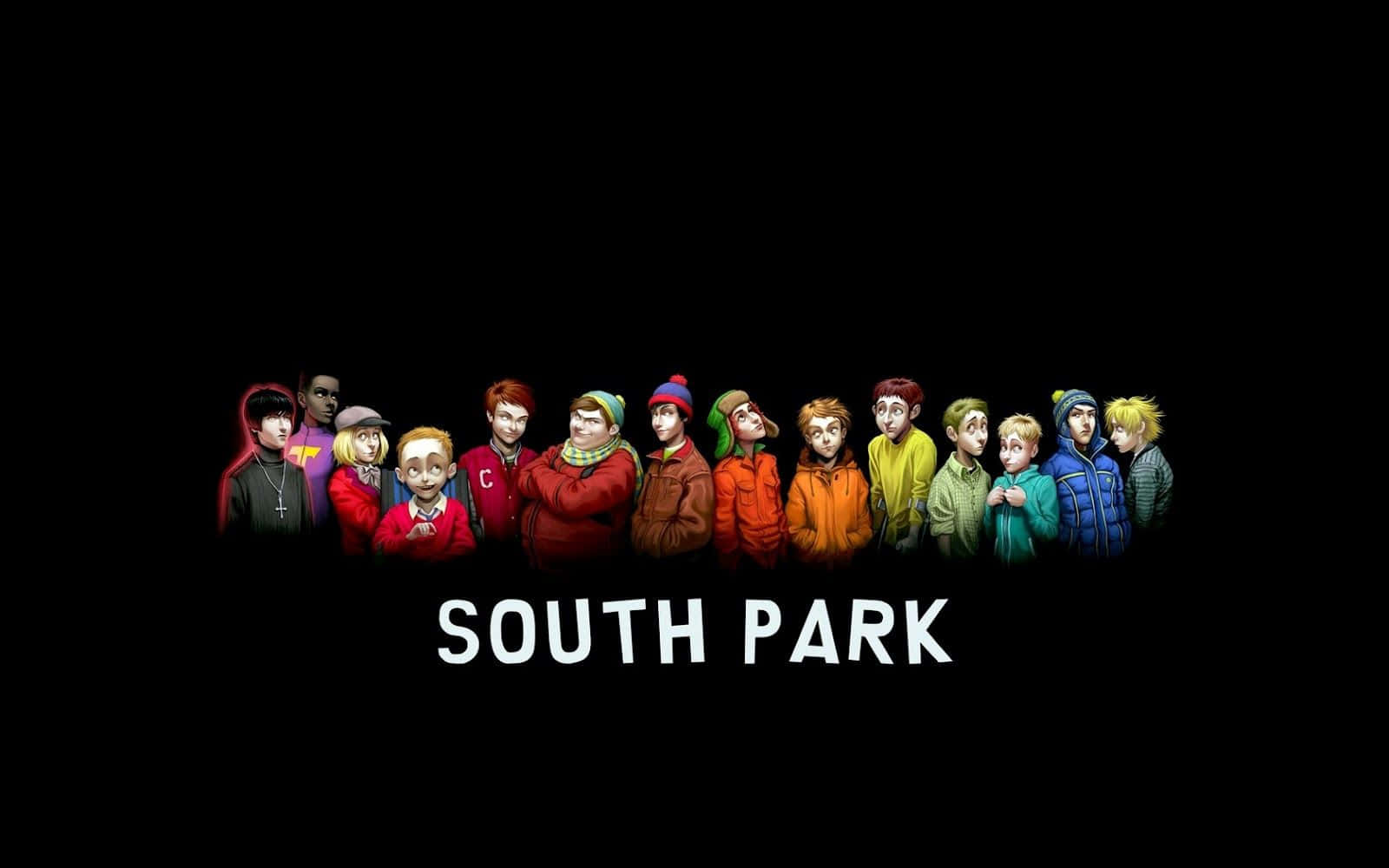 Funny Gaming 桌布 壁紙 — 一排穿著色彩繽紛冬季外套的南方公園角色站在黑色背景前，下方有節目名稱。