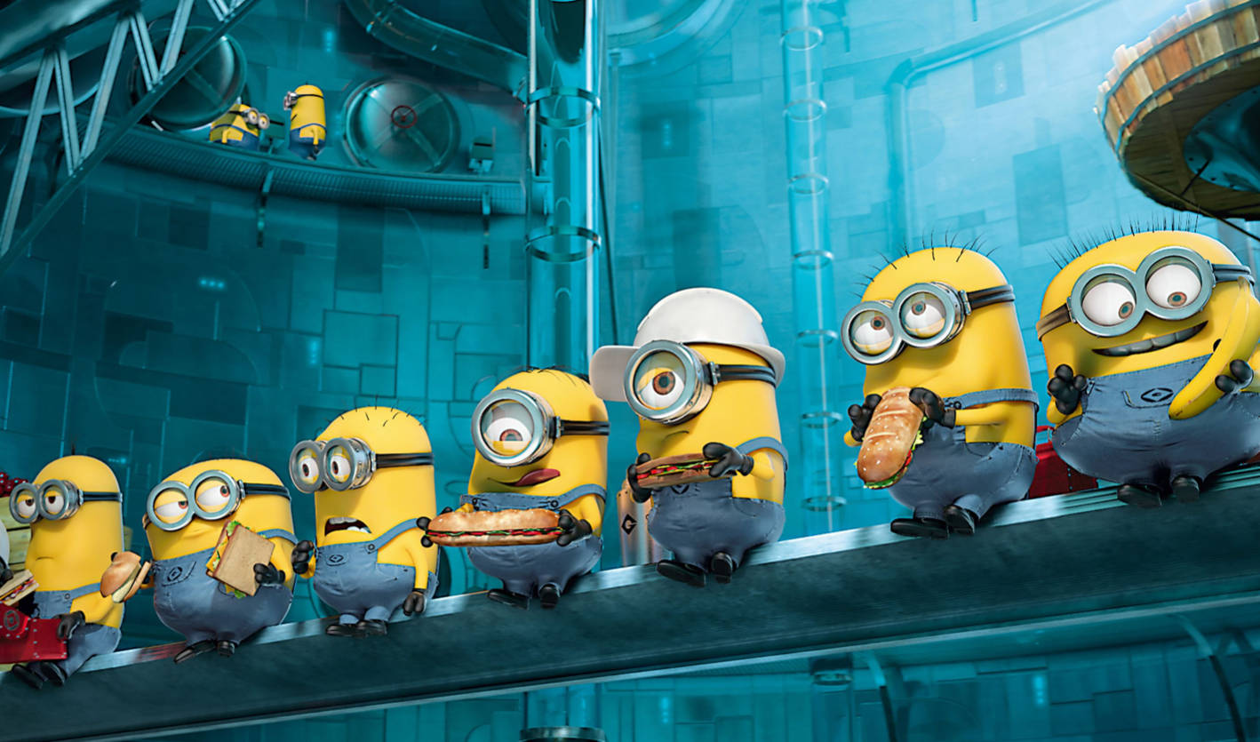 Minions在藍色工業實驗室的傳送帶上吃三明治。 — 食物動圖 壁紙