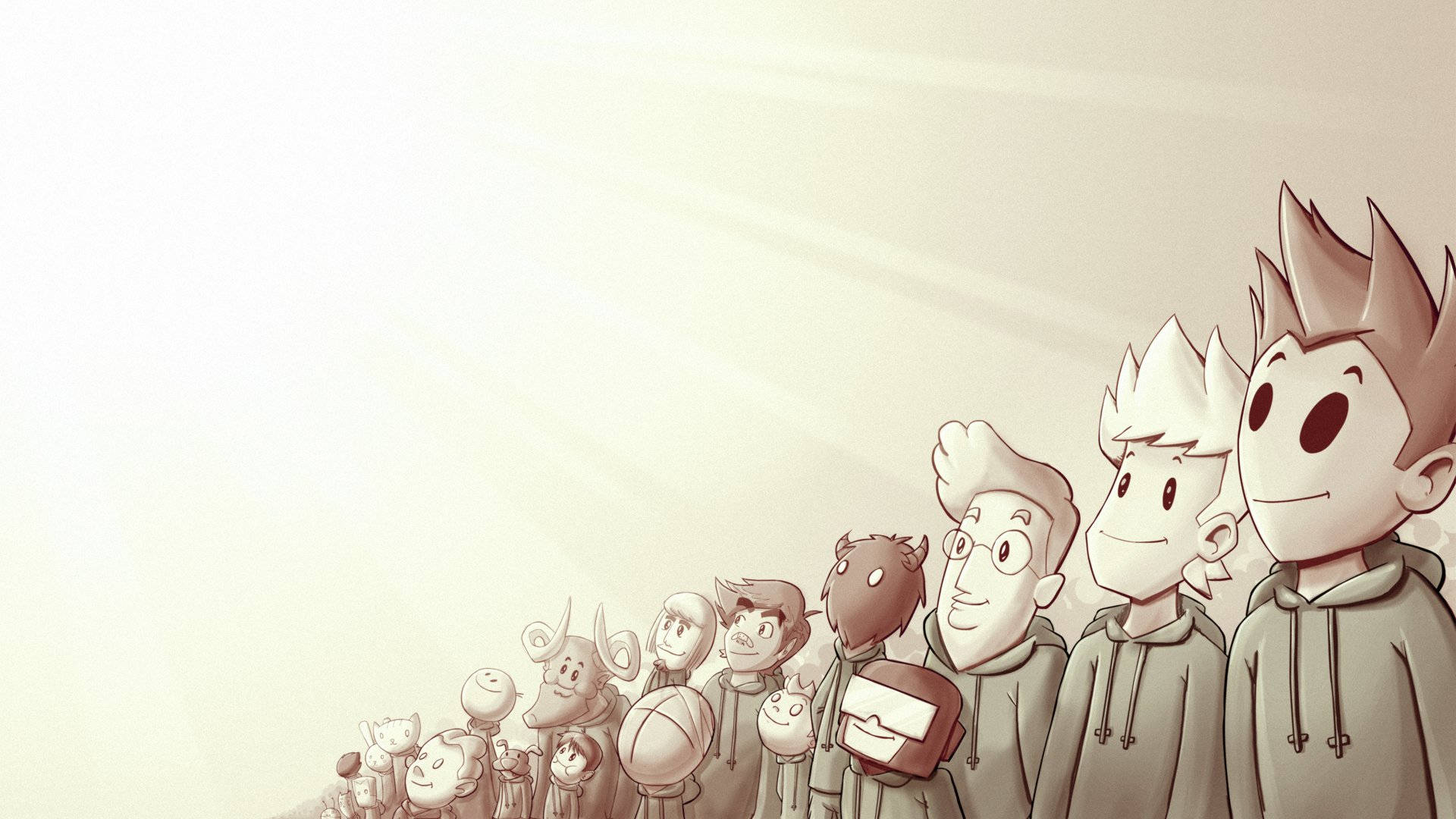 Eddsworld 桌布 壁紙 — 一排穿著連帽衫的風格化卡通人物站在柔和光芒下，背景簡潔。
