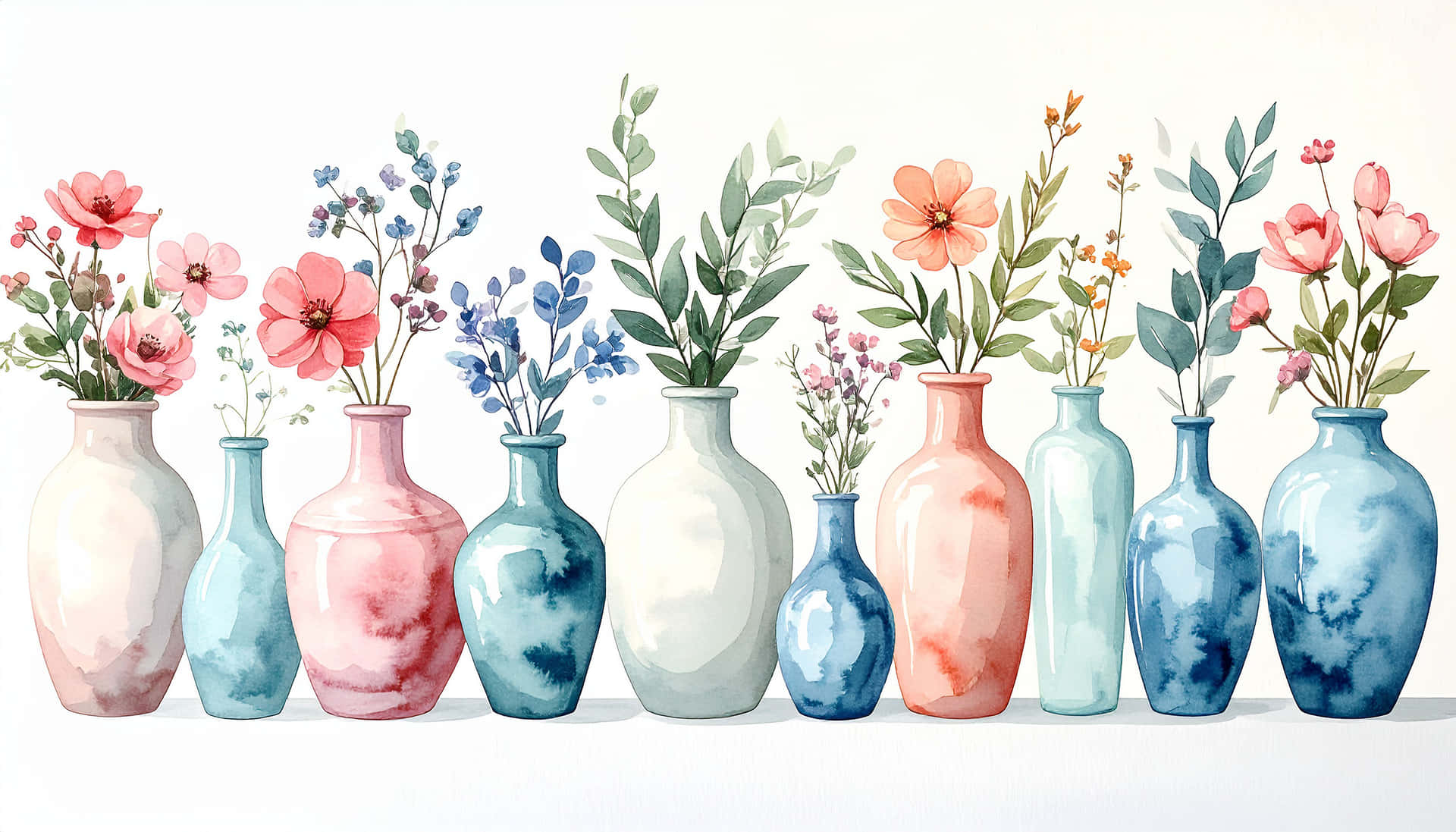 Vases 壁紙 — 一排粉彩藍色、粉紅色和白色的水彩花瓶，每個花瓶都盛放著精緻的花朵和綠色植物，襯托在柔和的白色背景上。
