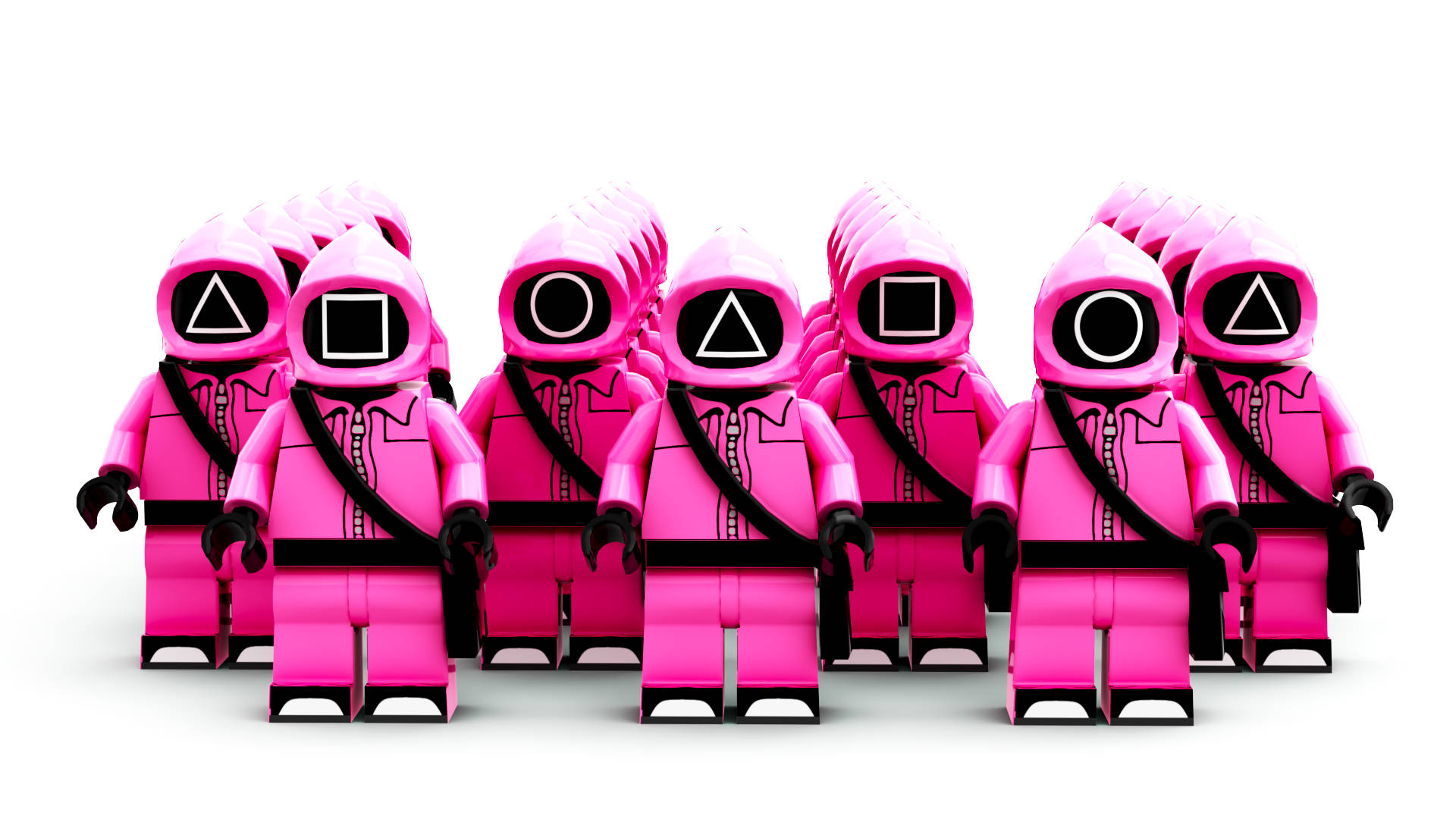 game 桌布 壁紙 — 一排粉紅色 LEGO 風格人偶，戴著連帽的臉，展示 PlayStation 控制器符號，在白色背景前排列成隊形。