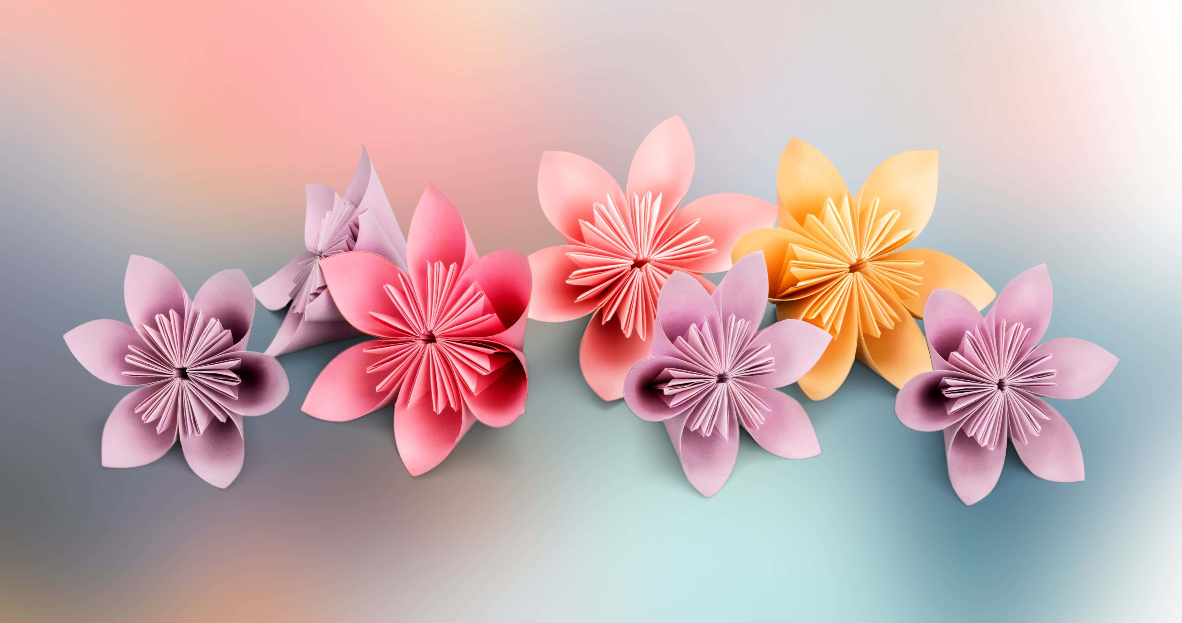 4096x2160 桌布 壁紙 — 一排粉紅色、黃色和薰衣草色的彩色摺紙花在柔和的漸變背景上綻放。