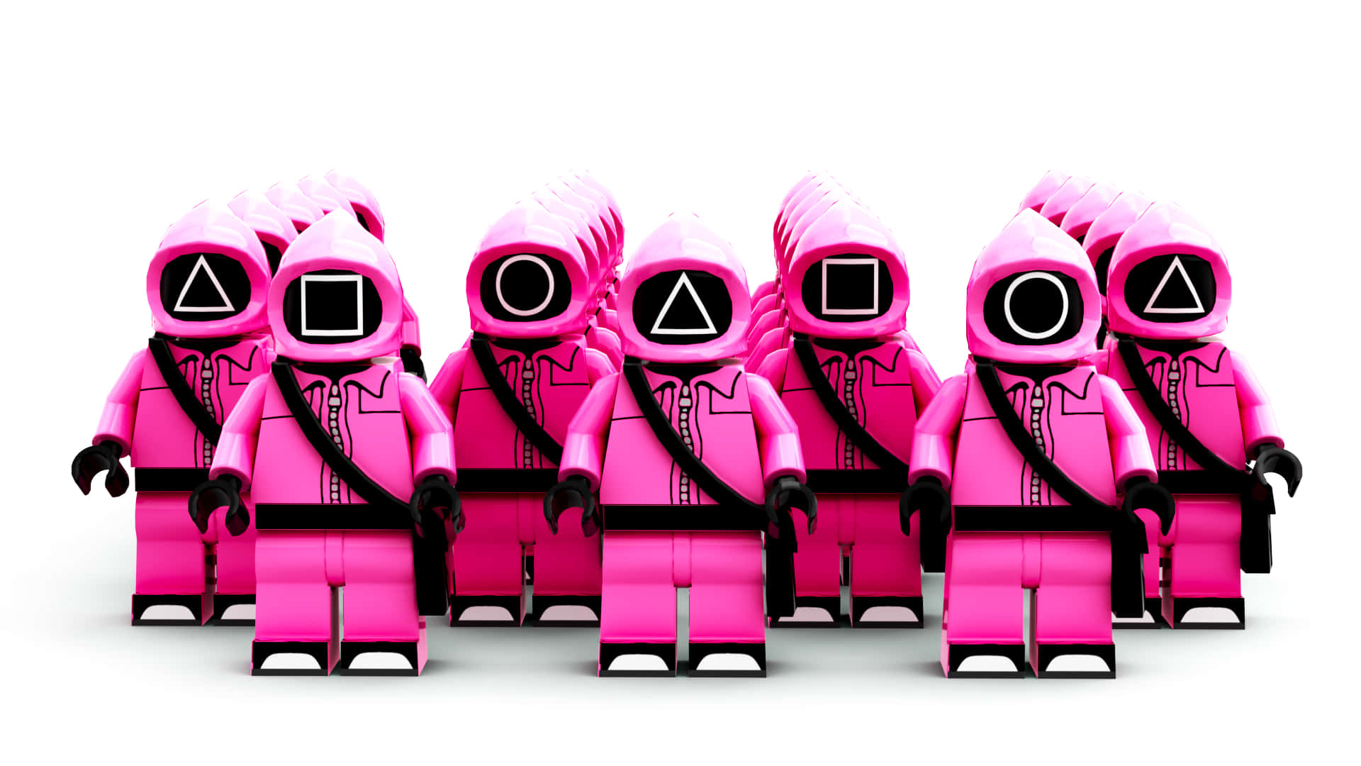 Squid Game Zoom 桌布 壁紙 — 一排粉紅色LEGO迷你人偶，戴著連帽的臉孔展示PlayStation控制器符號，在白色背景前排列成隊形。