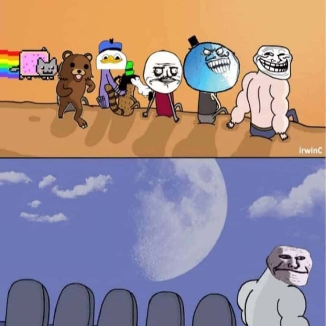 Cartoon 桌布 壁紙 — 一排網路迷因，包括Nyan Cat和Trollface，站在沙漠地面上，上方有一輪巨大的月亮。