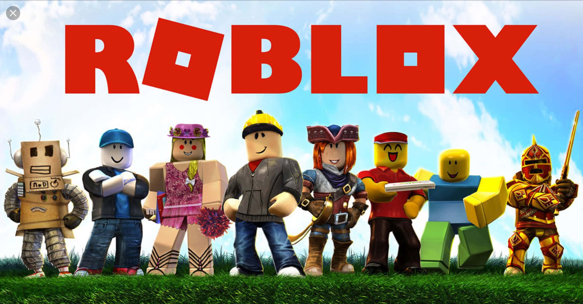 Roblox Character 桌布 壁紙 — 一排色彩繽紛、多樣化的 Roblox 頭像站在草地上，上方是明亮的藍天和醒目的紅色 Roblox 標誌。