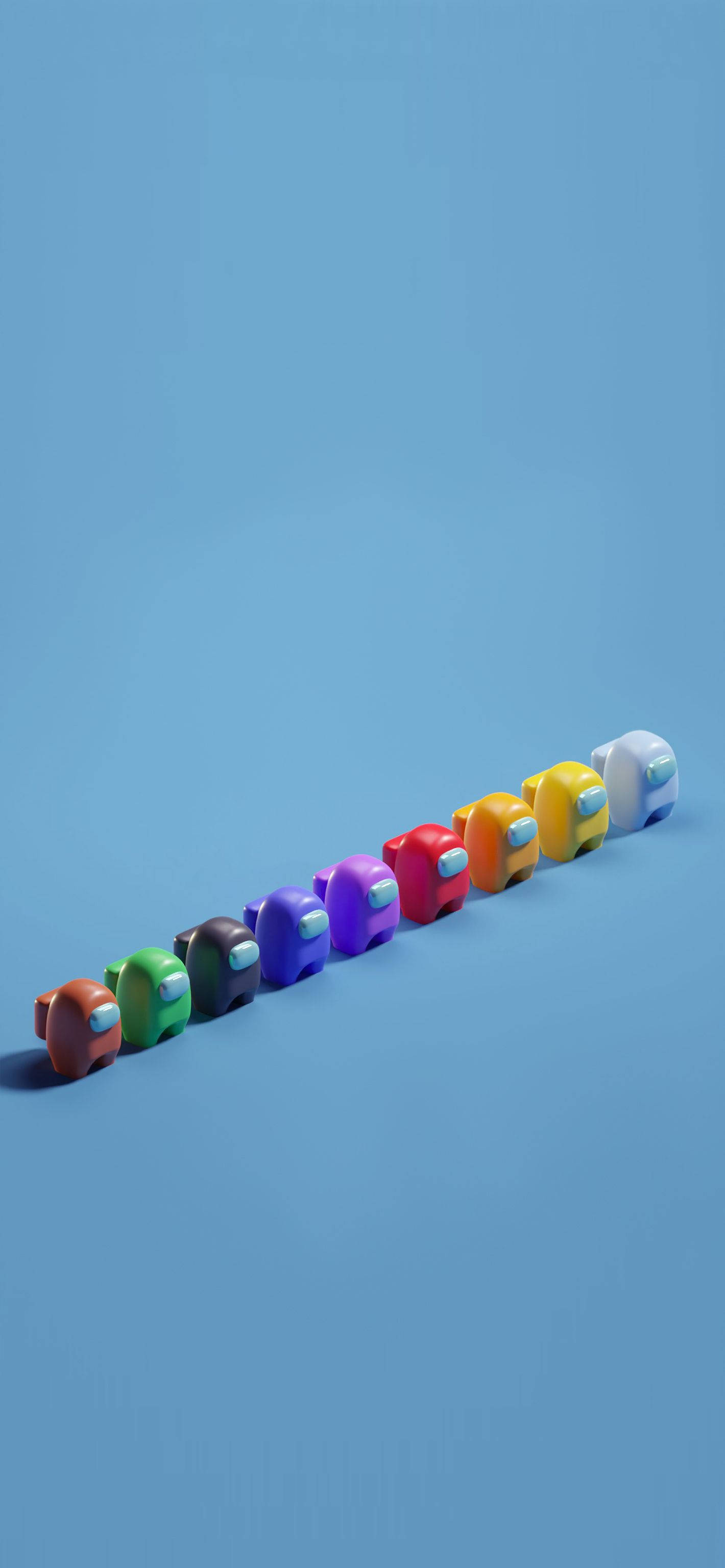 Blue Among US 桌布 壁紙 — 一排色彩繽紛的 Among Us 角色以對角線排列在純藍色背景上。
