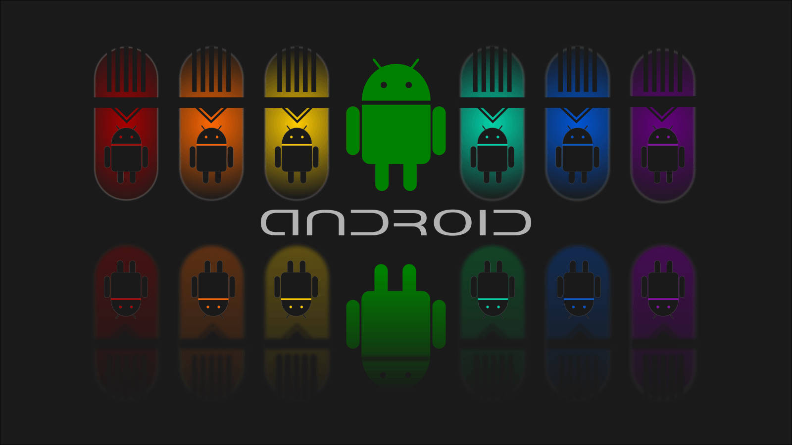 安卓 桌布 壁紙 — 一排色彩繽紛的Android機器人圖標在黑暗背景上發光，下方中央有Android字樣。
