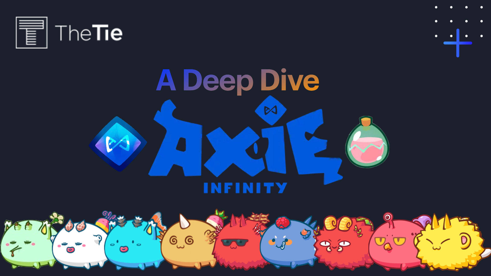 infinity 桌布 壁紙 — 一排色彩繽紛的Axie Infinity生物，表情豐富，配戴獨特配件，背景為深色。