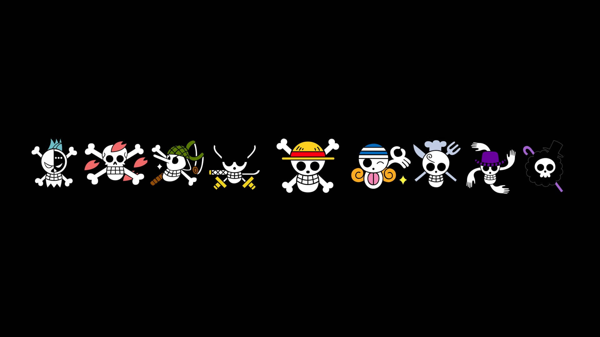 One Piece Logo 桌布 壁紙 — 一排色彩繽紛的One Piece海賊團骷髏頭和交叉骨標誌，背景為黑色。