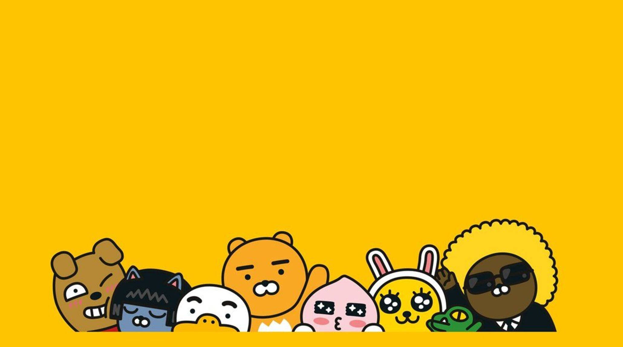 Kakao 桌布 壁紙 — 一排色彩繽紛的卡通角色從底部窺視，背景為純黃色。