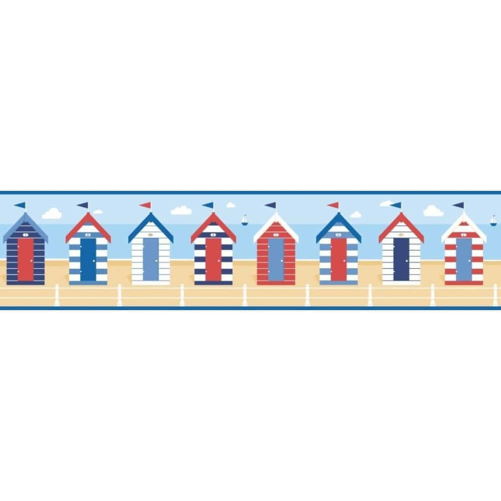 Beach Huts 桌布 壁紙 — 一排色彩繽紛的條紋沙灘小屋排列在沙灘上，藍天白雲。