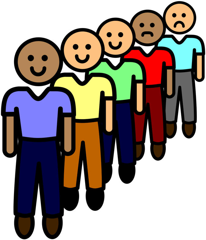 Clip Art 桌布 壁紙 — 一排色彩繽紛的火柴人，表情各異，站在黑色背景前。