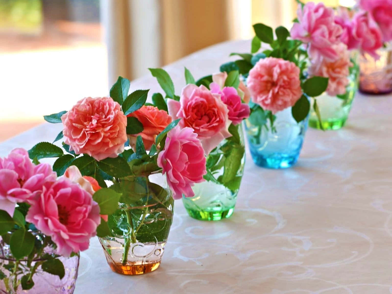 Beautiful Roses 桌布 壁紙 — 一排色彩繽紛的玻璃花瓶，插滿粉紅和珊瑚色的玫瑰，放在有圖案的桌布上，沐浴在柔和日光中。