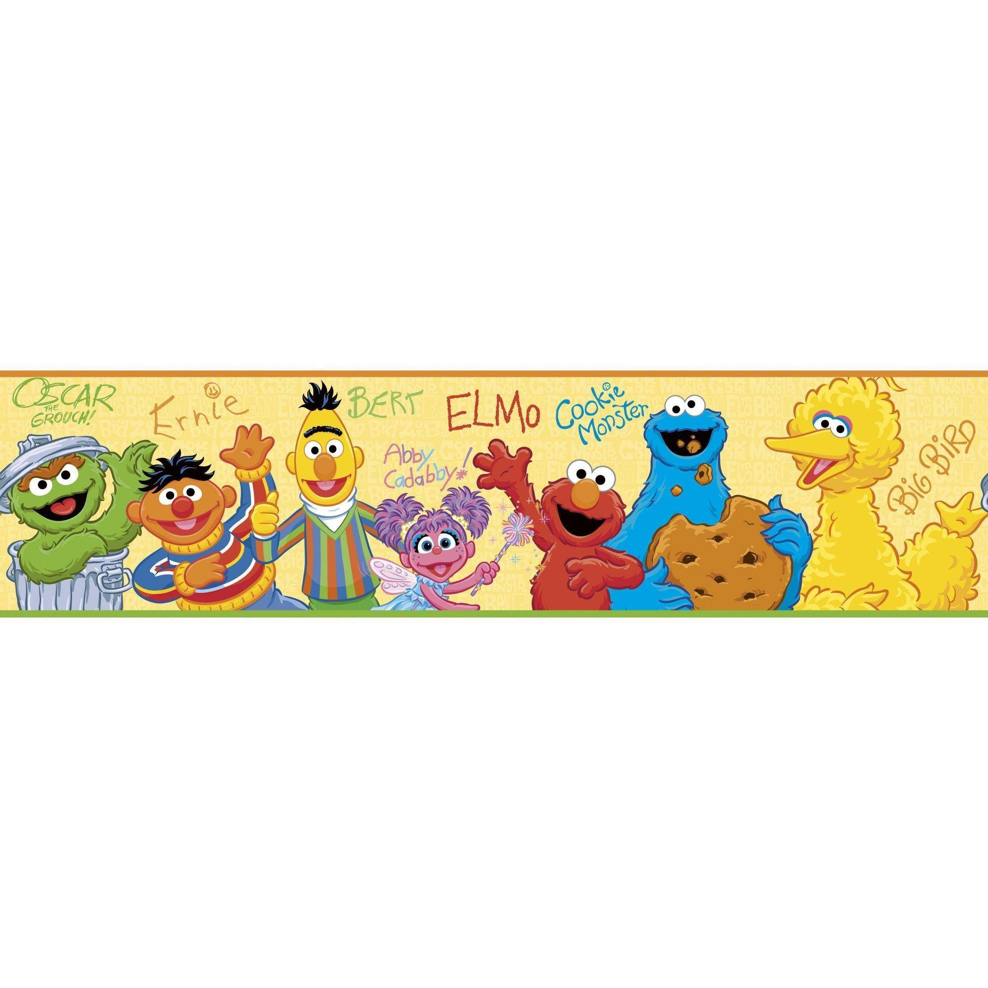 芝麻街 桌布 壁紙 — 一排色彩繽紛的芝麻街角色，包括 Elmo、Cookie Monster 和 Big Bird，在黃色紋理背景上微笑。