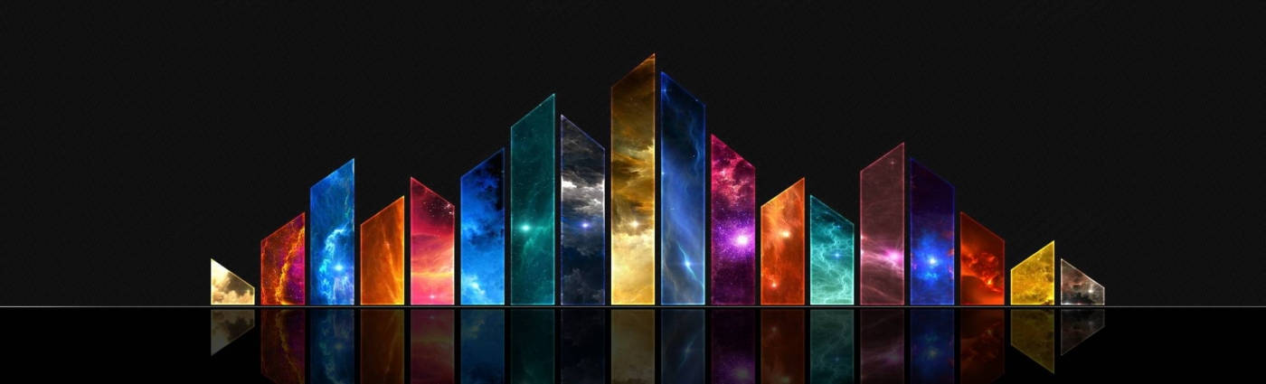 galaxies 桌布 壁紙 — 一排色彩繽紛的銀河主題垂直面板，在黑色背景上以波浪形排列，帶有倒影。