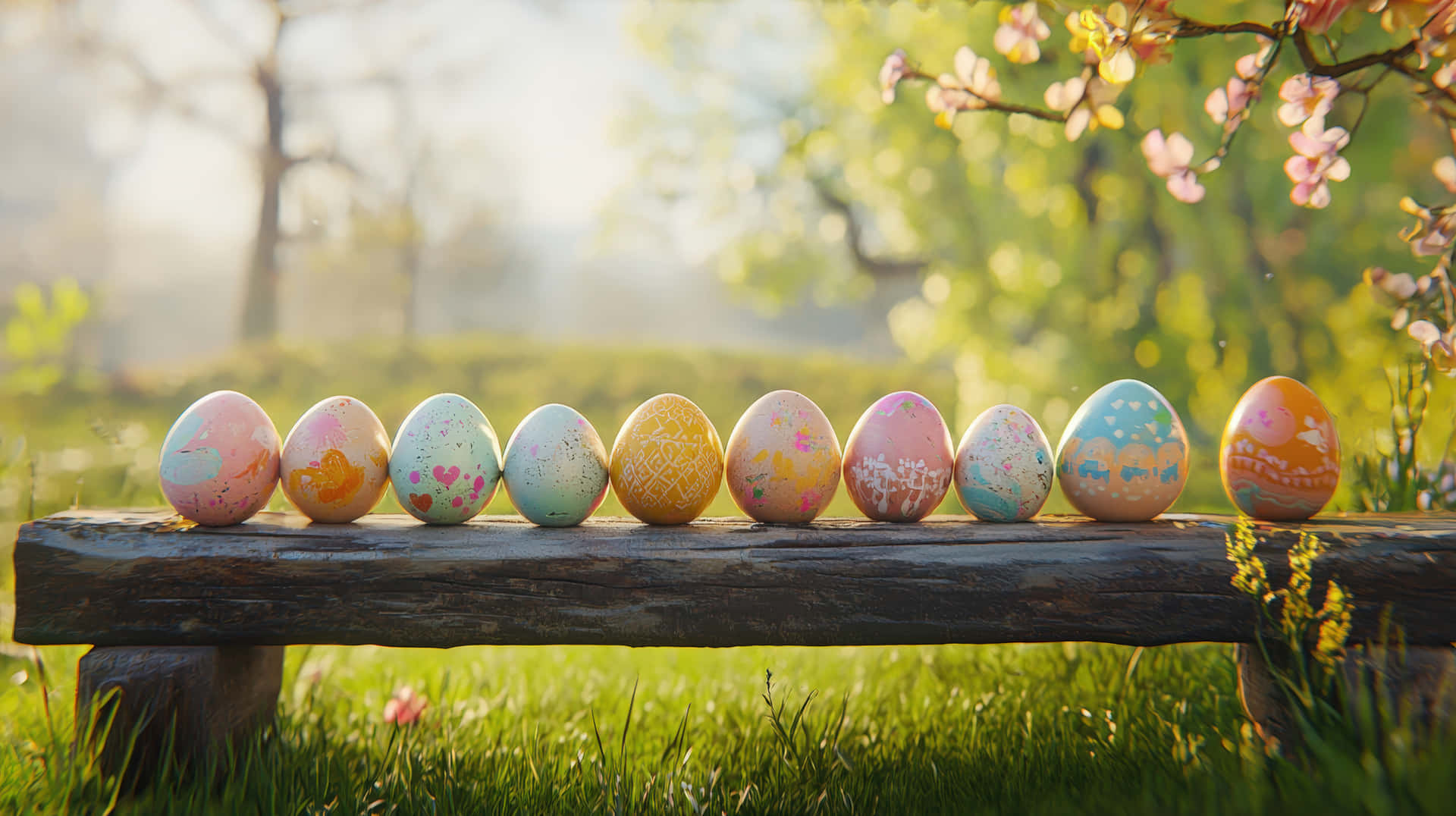 Beautifully decorated Easter eggs arranged on a rustic wooden bench in a spring garden 壁紙 — 一排色彩鮮豔的復活節彩蛋放在一個質樸的木凳上，位於陽光明媚的春天花園中，櫻花盛開。