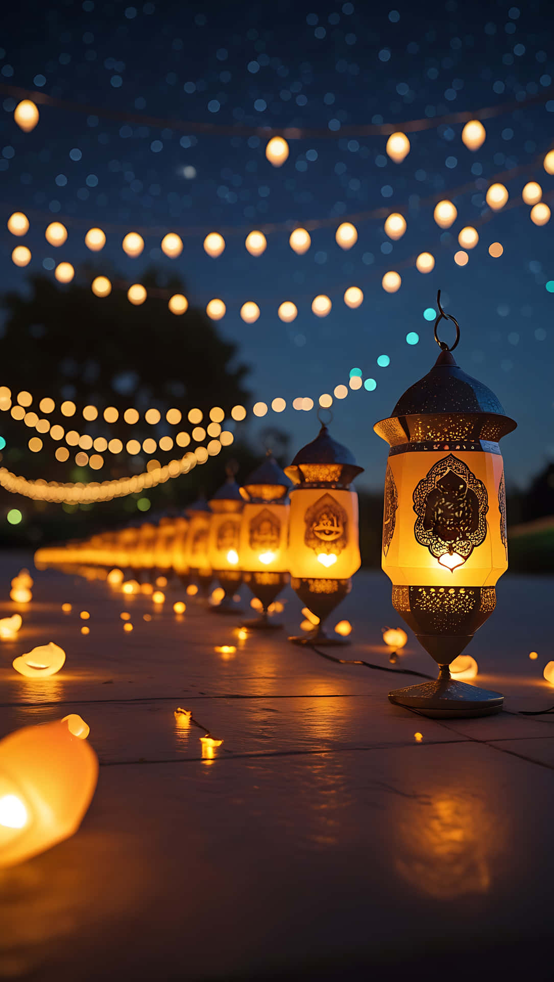Ramadan Lights: A Night of Reflection and Celebration. smartphone wallpaper 壁紙 — 一排華麗發光的燈籠排列在瓷磚小徑上，上方有串燈，背景是星空夜空。