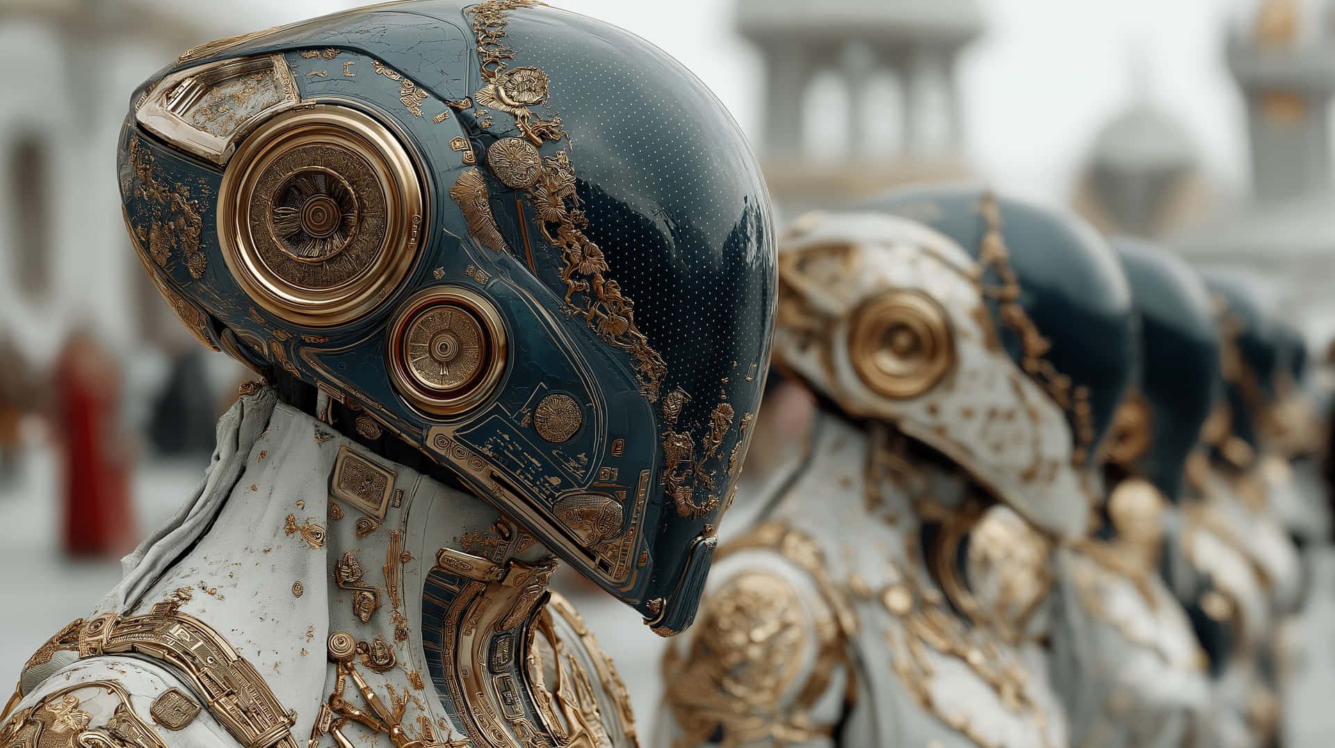 Futuristic Humanoid Aliens with Ornate Cybernetic Armor Design 壁紙 — 一排裝飾性機器人穿著藍色和金色盔甲，在模糊的建築背景下整齊排列。