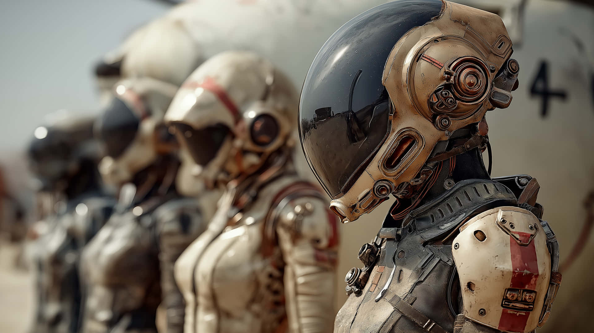 Futuristic Humanoid Aliens with Ornate Cybernetic Armor Design 壁紙 — 一排身穿破舊頭盔的未來裝甲士兵站在塵土飛揚的沙漠景觀中，天空朦朧。