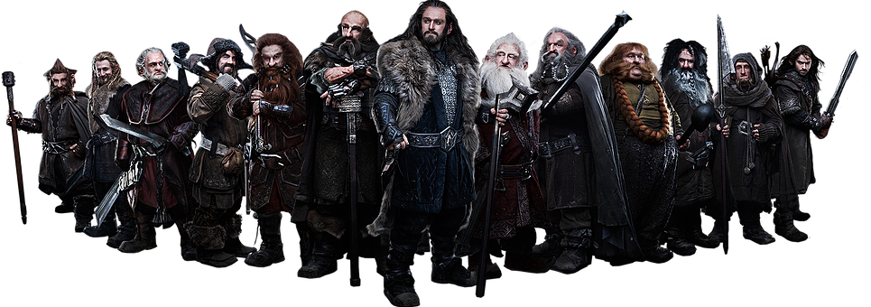 Hobbit 桌布 壁紙 — 一排身穿精細盔甲和毛皮斗篷的兇猛矮人戰士，手持劍和斧頭，站在黑色背景前準備就緒。