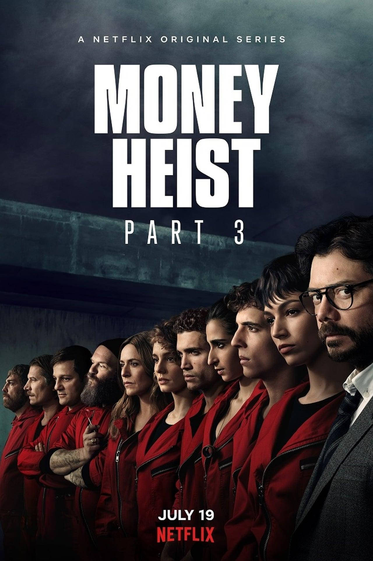 Netflix 桌布 壁紙 — 一排身穿紅色連身衣的強烈角色在戲劇性的黑暗燈光下，於粗糙的城市環境中直視前方。