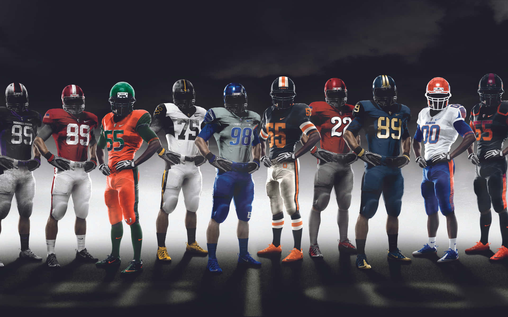 NFL 桌布 壁紙 — 一排身穿色彩繽紛球衣的足球運動員在黑暗風暴天空下，以戲劇性燈光擺好姿勢。