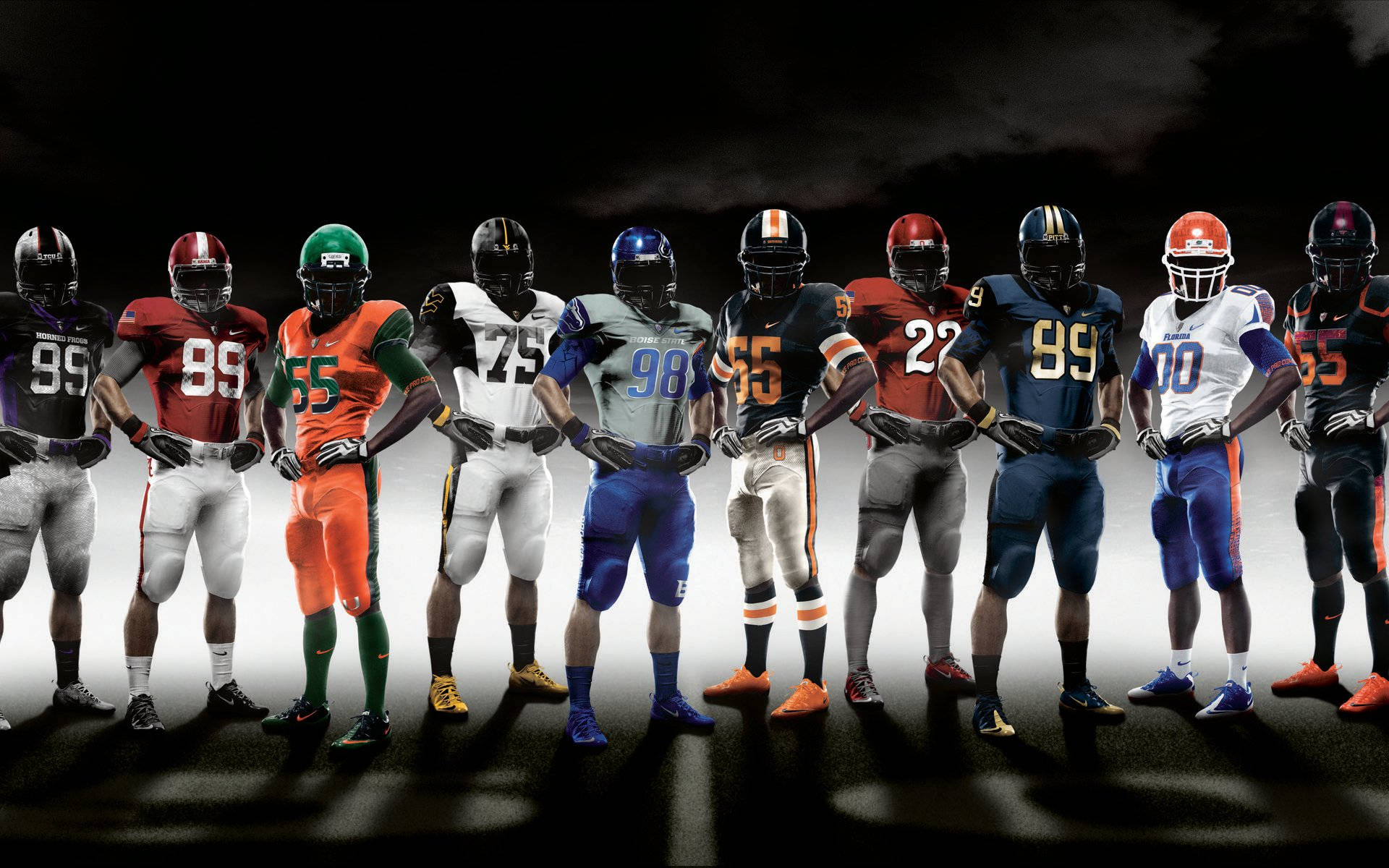 NFL 桌布 壁紙 — 一排身穿色彩繽紛球隊制服的美式足球員，在黑暗暴風雨的天空下蓄勢待發。