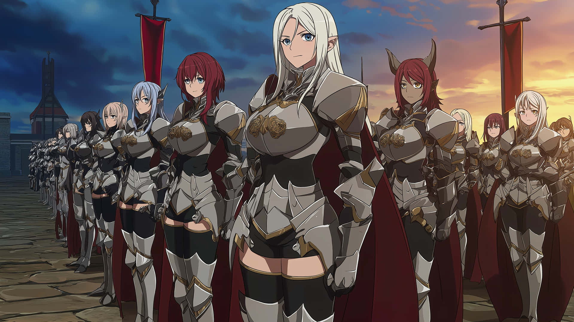 Anime Warrior Women in Armor Lined Up for Battle 壁紙 — 一排身穿銀色盔甲和紅色斗篷的動漫女戰士在暮色天空下立正站立。